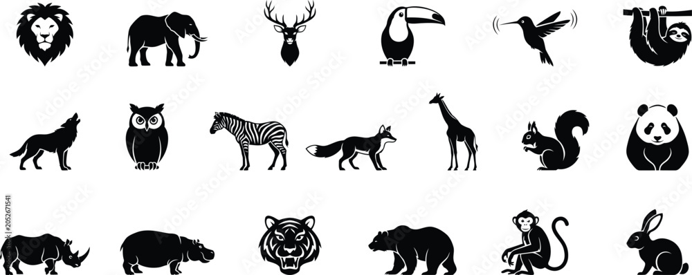 Fototapeta premium Featuring various wild animals and forest creatures' vector icons set on white background