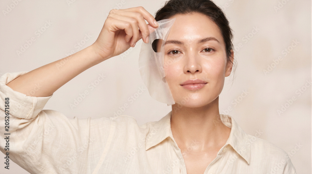 Naklejka premium Woman applying a sheet mask to her face, skincare routine, beauty and selfcare concept, healthy glowing skin, portrait of a woman