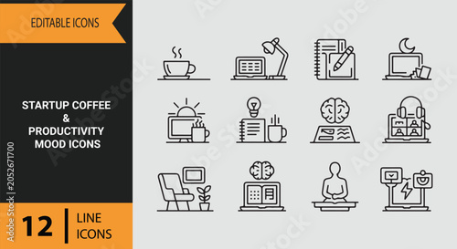 Bild auf Leinwand Startup Coffee Productivity Mood Outline Icons for Entrepreneurial Workspaces
