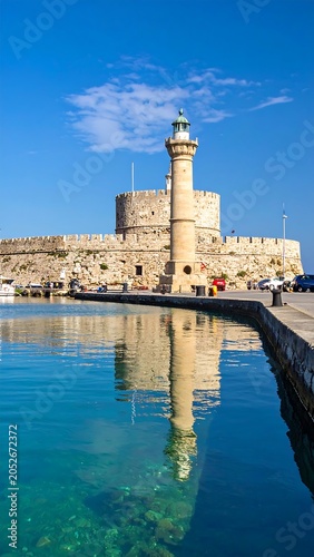 A historic stone lighthouse stands tall on a quay wall beside a serene body of water, reflecting its image, under a clear blue sky