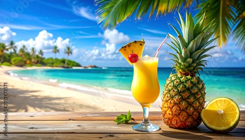 Sunny beach scene features a tropical cocktail garnished with cherry and pineapple slice, whole pineapple, and half lemon