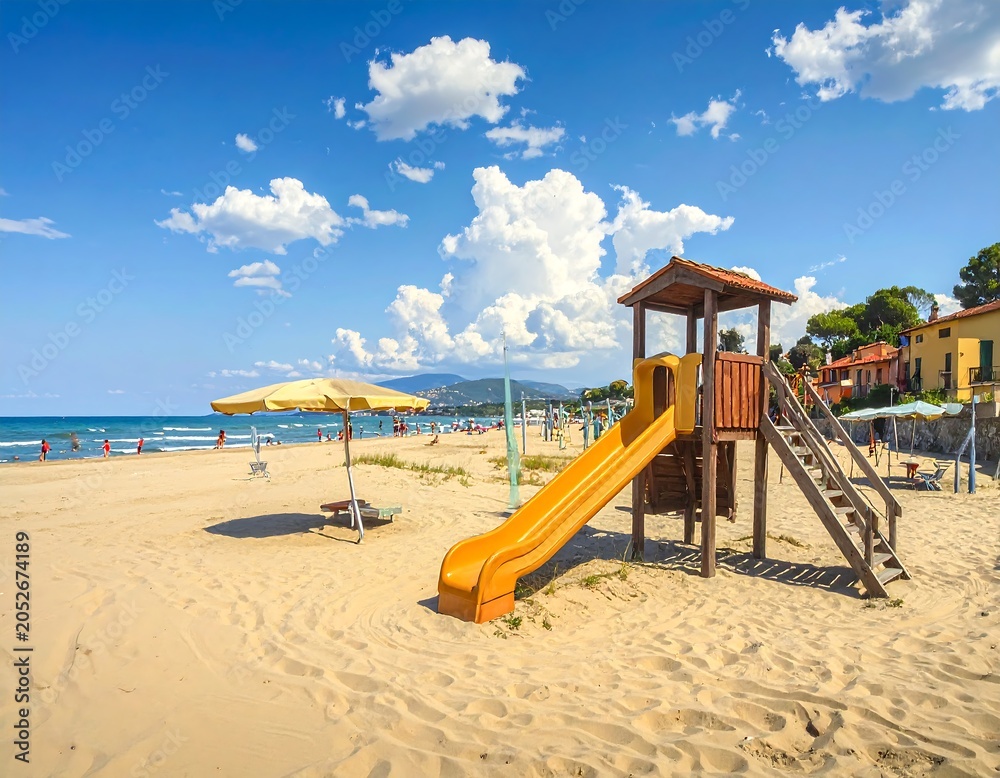 Fototapeta premium Sunny beach scene with a children's slide, a yellow umbrella, and a blue ocean under a partly cloudy sky. People are visible