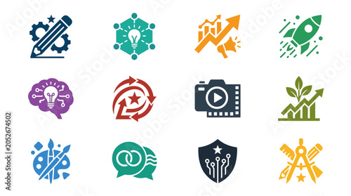 A collection of colorful flat icons representing various business and creative concepts