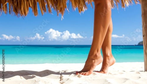 Sunny beach scene with a thatch overhang, legs of a person standing, white sand, and ocean horizon