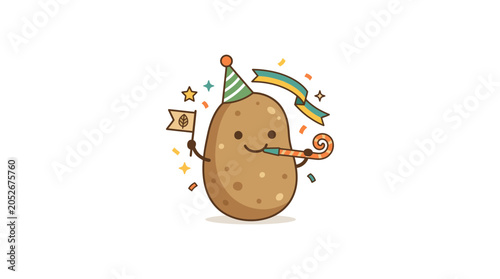 Konstfotografi Cute Cartoon Potato Celebrating with Party Hat and Noise Maker