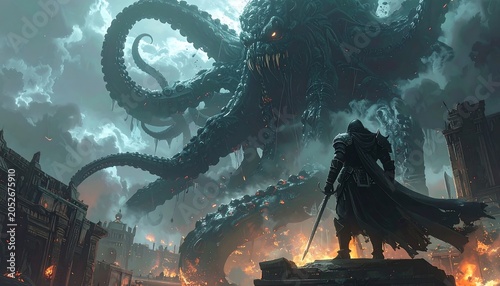 A hooded figure stands against a massive tentacled monster amidst a burning cityscape under a stormy sky