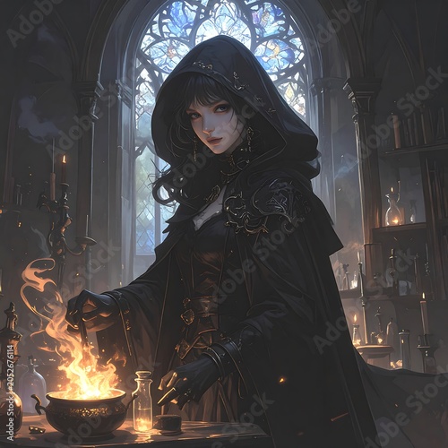 A hooded woman in dark attire stirs a bubbling cauldron in a dimly lit room