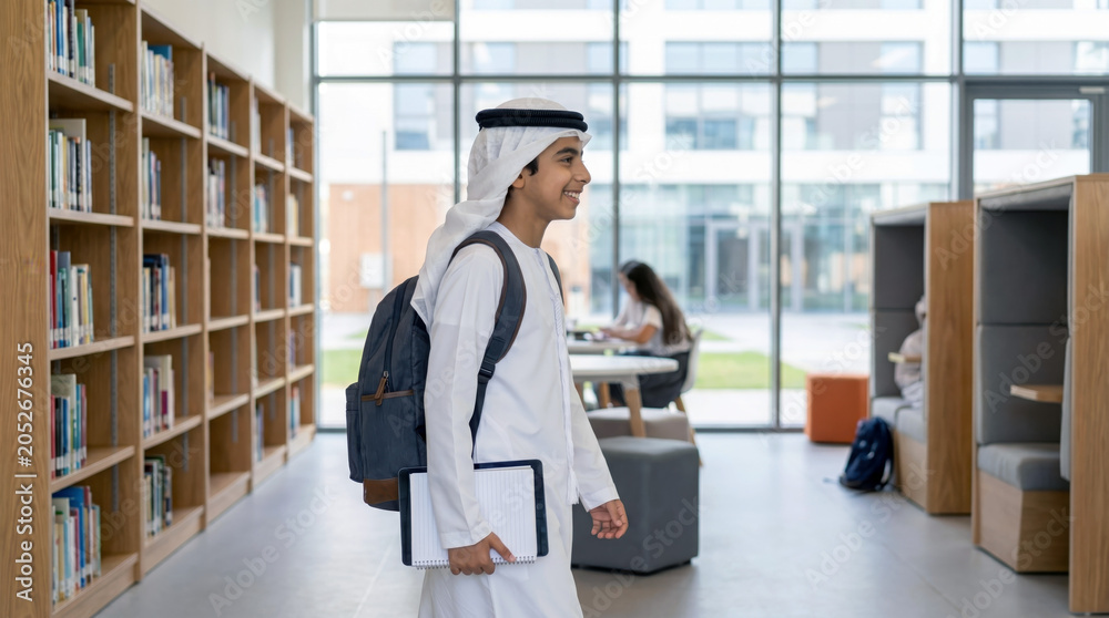 Fototapeta premium Arab Student in Library with Backpack and Books Educational Concept