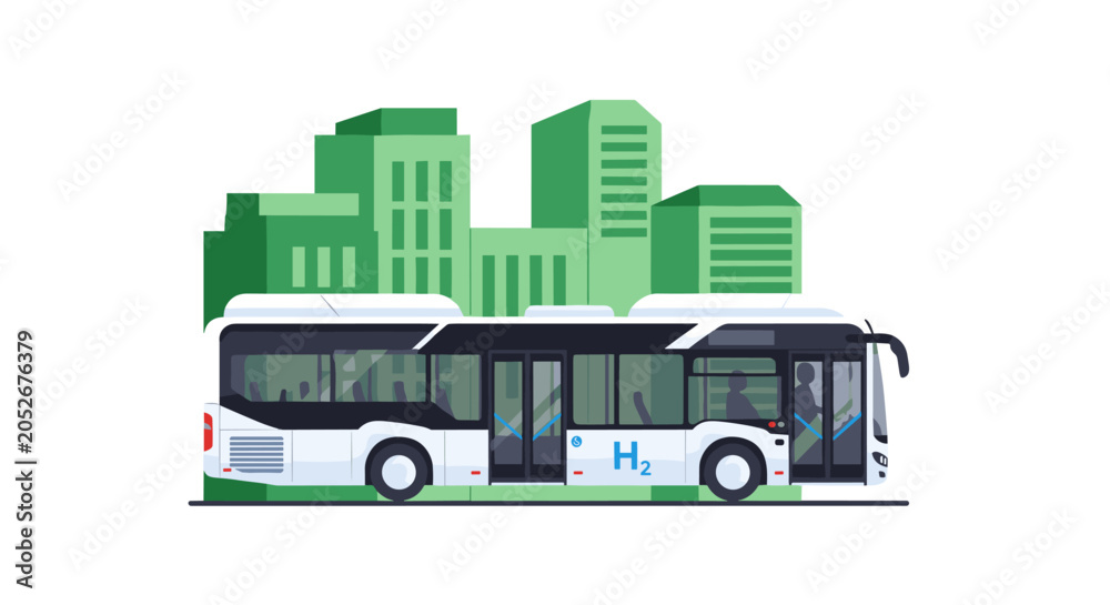 Fototapeta premium Hydrogen powered green energy bus driving through a green cityscape with tall buildings and urban landscape.