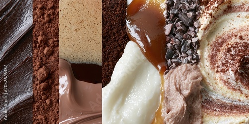 Chocolate Texture Strip Flatlay Dark Ganache Cocoa Caramel Cacao Nibs Cream Five Column Macro Horizontal
