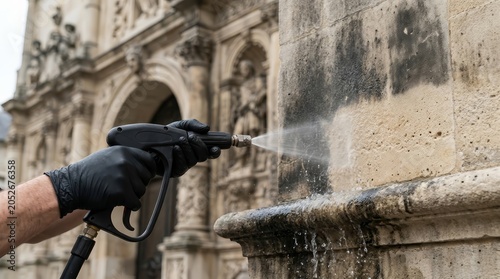 Low pressure washing tool cleaning dark soot from an aged limestone facade.