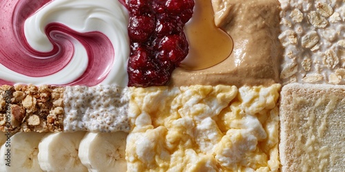 Breakfast Food Tile Grid Yogurt Berry Cranberry Peanut Butter Banana Scrambled Egg Granola Macro Horizontal