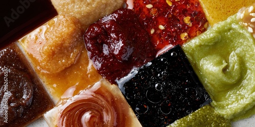 Savory Condiment Sauce Grid Miso Chili Jam Squid Ink Guacamole Teriyaki Caramelized Onion Macro Horizontal