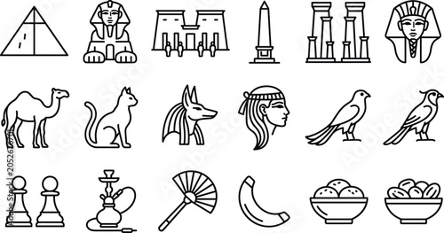 Foto Egyptian Culture and Landmark Line Icon Set Featuring Pyramid Sphinx Pharaoh Anu