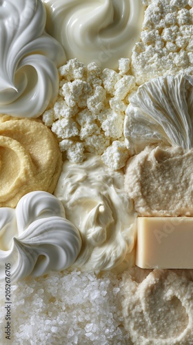 White Dairy Food Flatlay Whipped Cream Ricotta Cauliflower Meringue Butter Salt Mushroom Macro Vertical