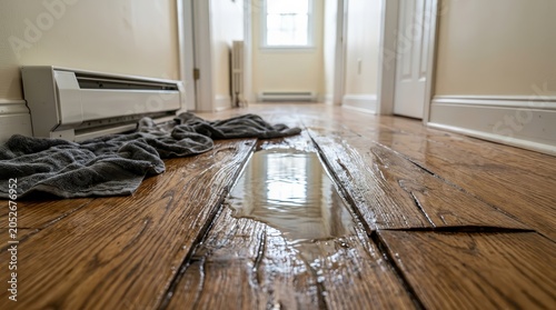 Water damage restoration and hardwood flooring repair assessment in a residential home.