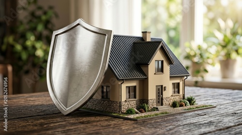 A silver shield protects a miniature house on a wooden surface for asset protection.