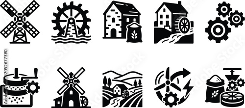 Fotografía Traditional Milling and Grain Processing Black Glyph Icons Set with Windmills Wa