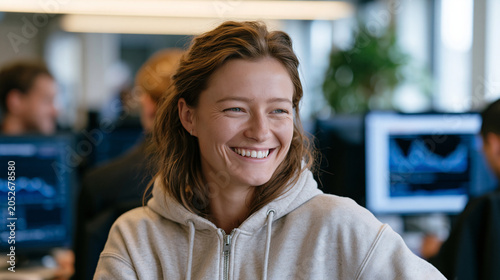 Candid unposed moment of a young female data analyst in an open plan office mid-laugh turning from a monitor showing charts, colleagues blurred in background, afternoon ambient workplace energy, tec
