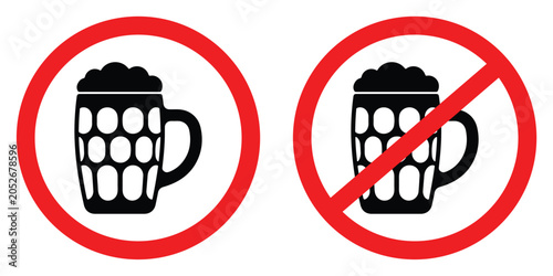 Two vector icons showing a beer mug with a prohibition sign and a regular beer mug