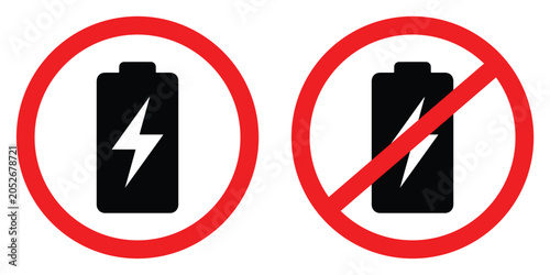Battery Icon with Red Circle and Slash Sign on White Background Vector