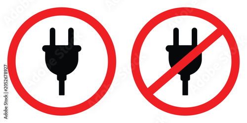 Electrical Plug Symbol with Red Circle and Diagonal Line Vector Icon Set