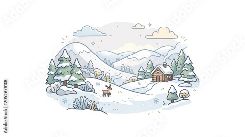 Winter landscape illustration with log cabin and deer in mountains