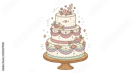 Illustrated three tier wedding cake with flowers on wooden stand