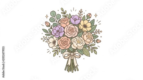 Illustration of a Flower Bouquet with Roses and a Ribbon Bow