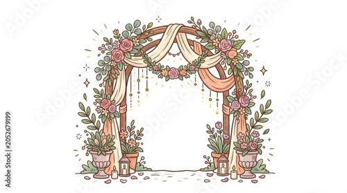 Floral wedding arch illustration with lanterns and fabric drapes