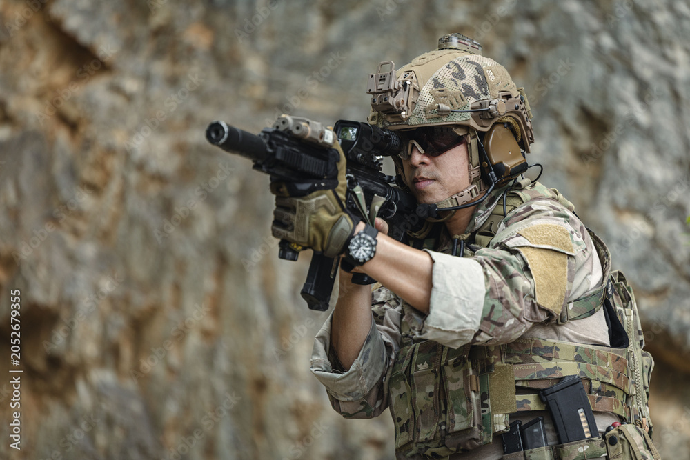 Naklejka premium Military special forces soldier team in combat operation, tactical military portrait in action