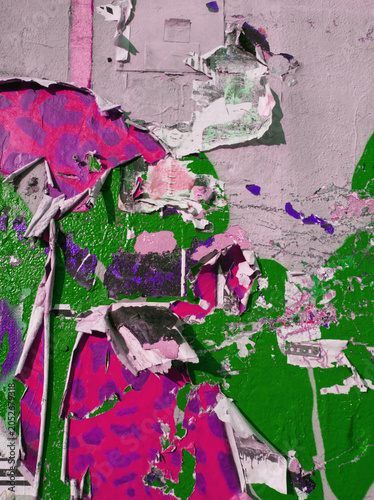 Poster remnants background. Poster wall. Graffiti. Textured colorful surface. Grunge urban, city decor. Pink aesthetic. Pink background. Graffiti optic. Berlin scene background. Berlin RAW. Traces.