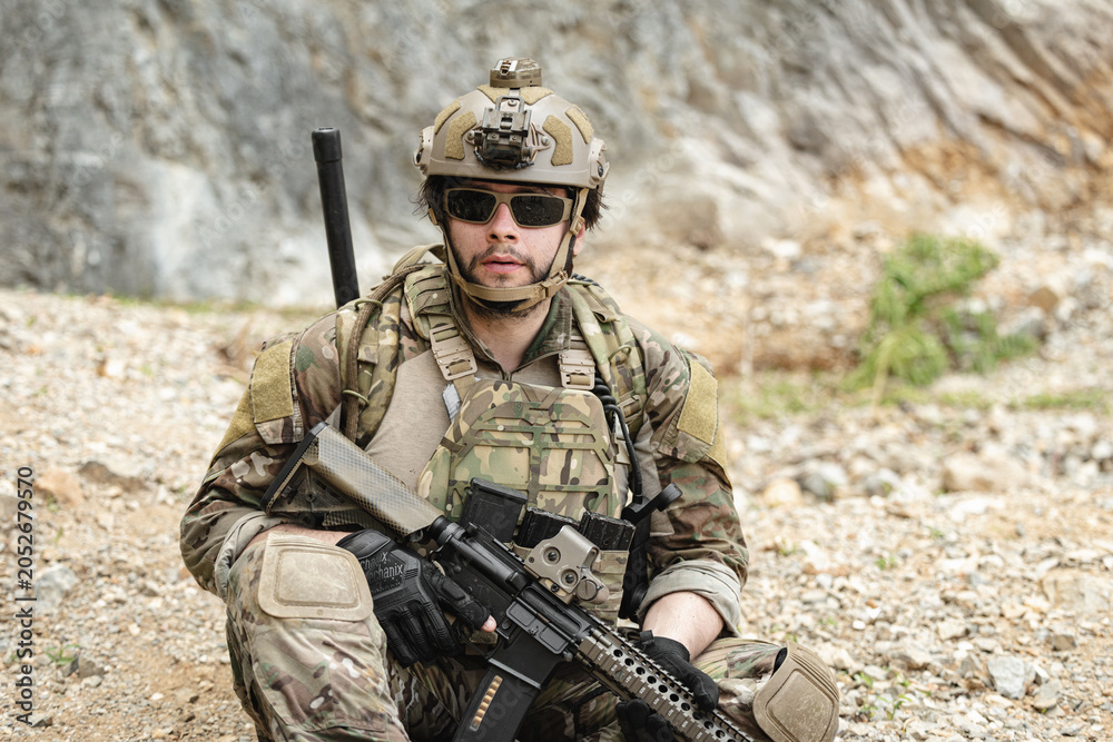 Fototapeta premium Military special forces soldier team in combat operation, tactical military portrait in action