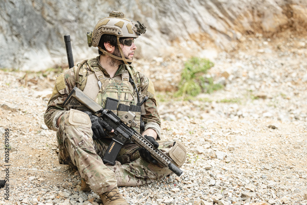 Fototapeta premium Military special forces soldier team in combat operation, tactical military portrait in action