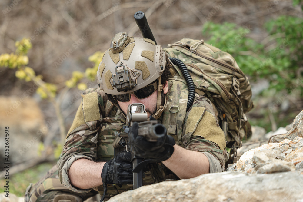 Fototapeta premium US Army military, Special forces soldier engaged in combat operation, tactical military in action