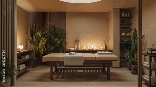 Massage table stands in a calming wellness spa room filled with glowing candles and lush indoor green plants.