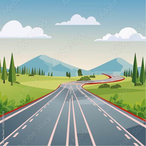 Asphalt road through a green landscape with distant mountains