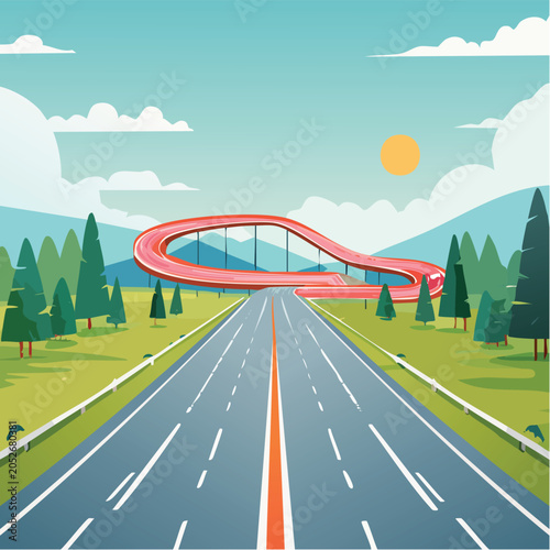 Empty road leading to a modern bridge in a green landscape