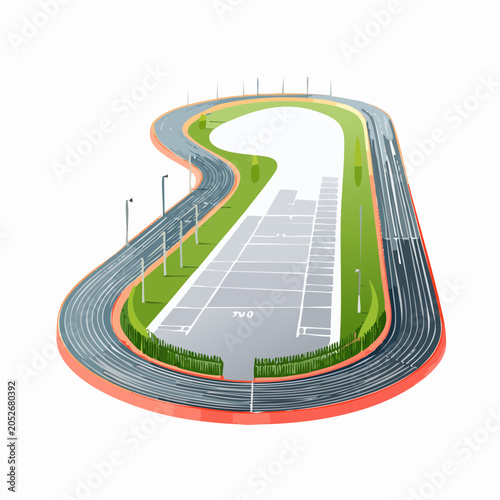Top view of a modern car race track with grass