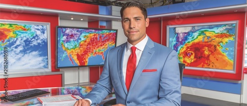 A professional weatherman in a blue suit presents forecasts with colorful storm maps displayed on screens in the background.