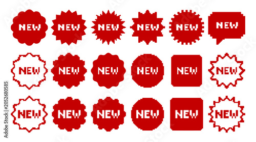 Pixel Art Red New Sticker Tag Set with 8-Bit Retro Game Style Starburst Labels Vector