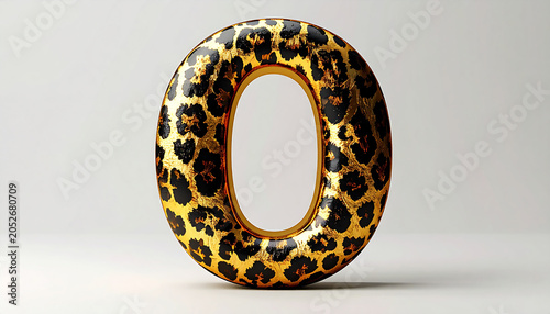 Shiny 3D Number Zero with Gold and Leopard Print Pattern on White Background