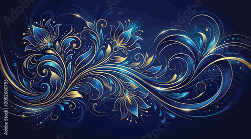 Εκτύπωση καμβά Elegant floral ornament with intricate blue and gold swirls on a dark blue backg