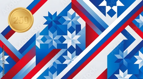 Gold coin with number 250 and abstract geometric background with red, white, and blue stripes and stars