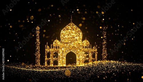 Abstract Golden Bokeh Particle Mosque Silhouette