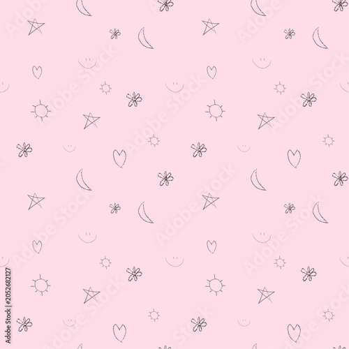 Cute hand-drawn doodle seamless pattern on pink background with stars, moons, hearts and smiles.