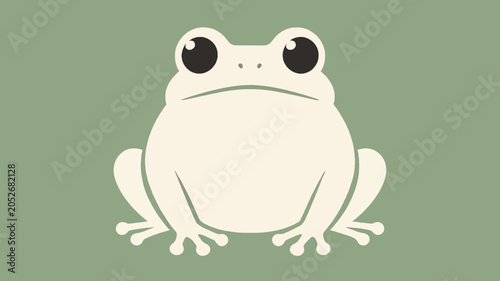 Εκτύπωση καμβά A minimalist vector illustration of a cute cream-colored frog with large black eyes set against a solid muted green background