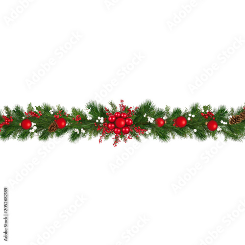 Christmas Garland with Red Ornaments Pine Cones and Berries isolated on a transparent background