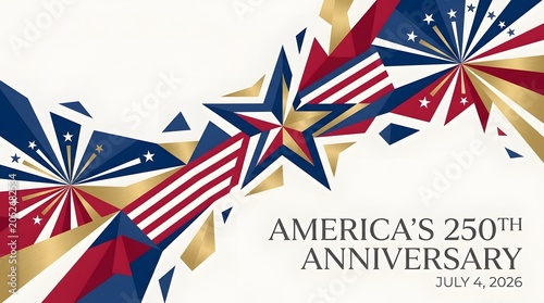 USA 250th Anniversary Celebration Background with Patriotic Stars, Stripes, and Geometric Shapes in Red, White, Blue, and Gold
