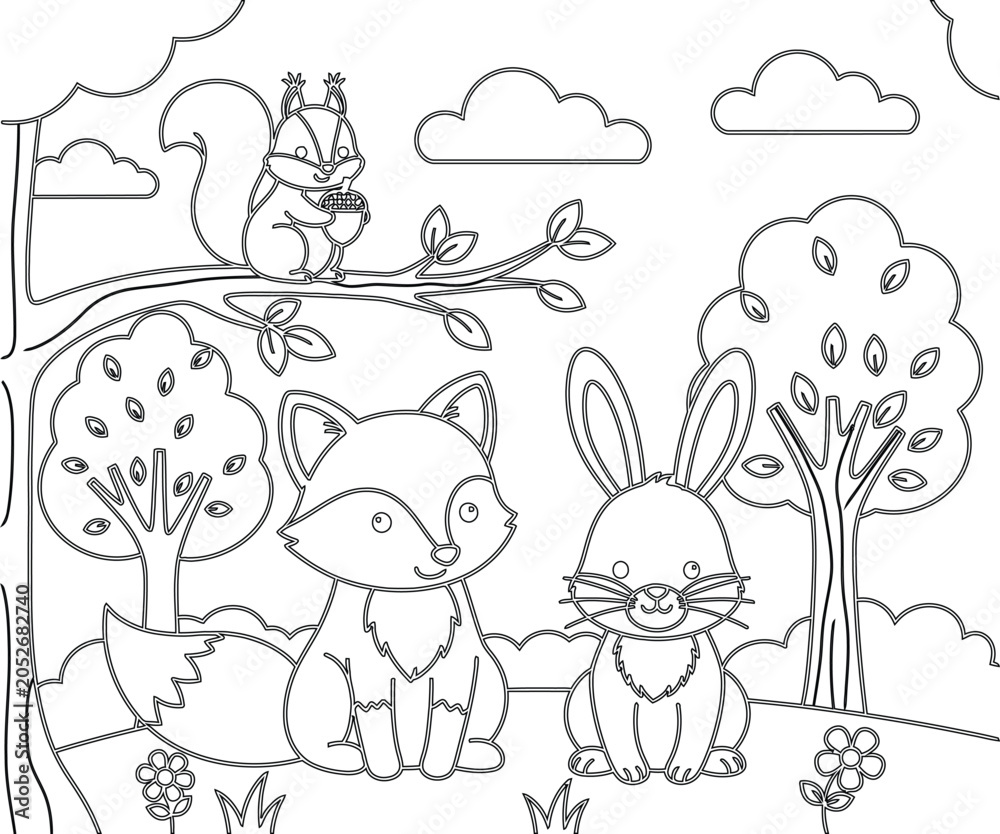 Obraz premium Color page illustration of forest friends fox rabbit and squirrel